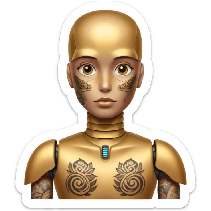 gold Tatooed robot, big many tatooes on chest, neck and face, white tatoo on face sticker