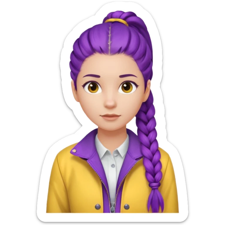 a beautiful girl face, long purple high pony single braided hair from the forehead, wearing a white shirt and a yellow jacket sticker