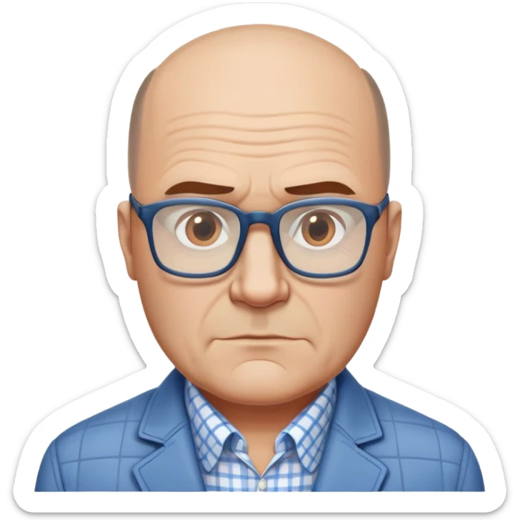 50-year-old heavyset man with wide face and prominent square jawline. Hair only on top of head with completely bald sides (horseshoe pattern baldness). Large dark square glasses. Serious-relaxed expression. Light gray jacket that fits his larger frame, white shirt with blue checkered pattern. sticker