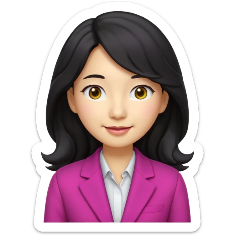 Ultra cute 3D emoji of a Korean woman, long wavy black hair, big brown eyes, small nose, warm smile, smooth pastel skin, wearing a magenta blazer over a dark top, on a solid lemon yellow background. Clean Pixar-style, soft lighting, simple shapes, no text, no background objects, high resolution. sticker