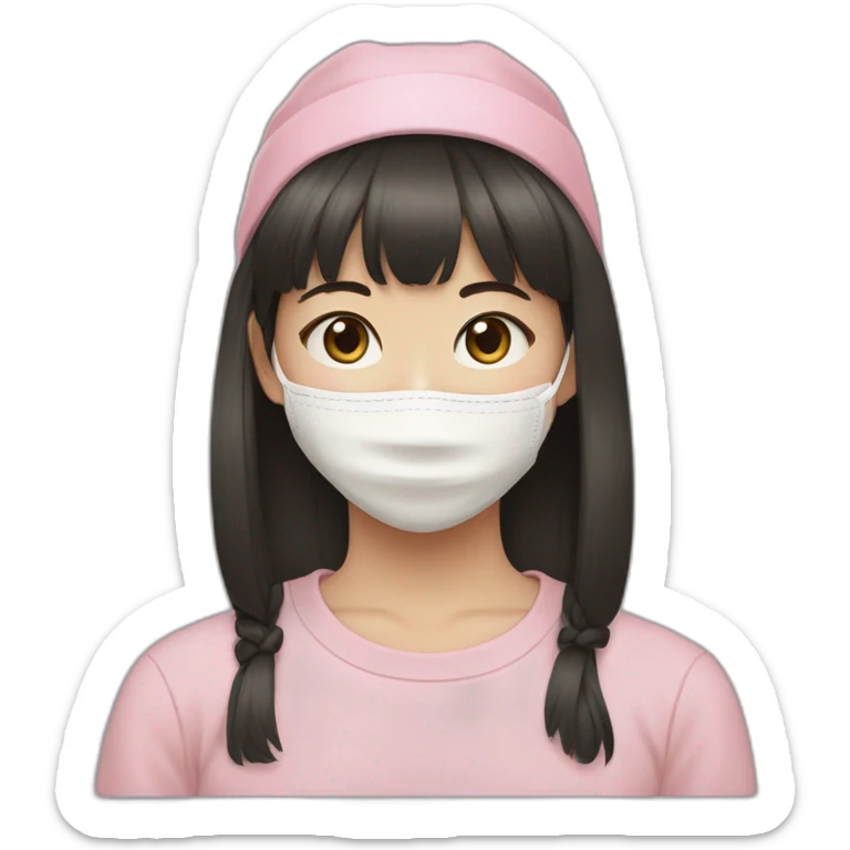 young korean girl with straight bangs and beige face mask and black headband and pink crewneck sweatshirt sticker