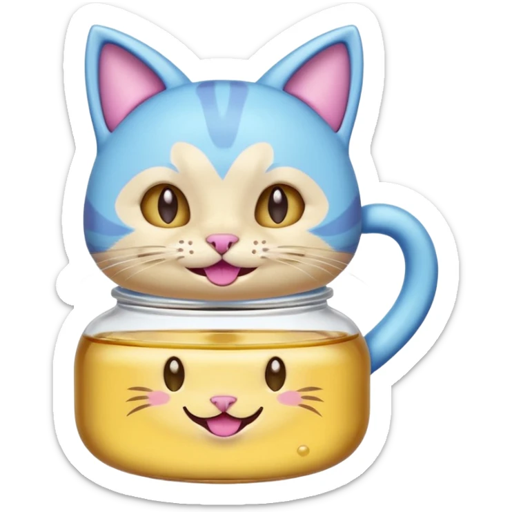 Smiling bottle of oil light purple top and light blue sticking tongue out and with cat ears sticker