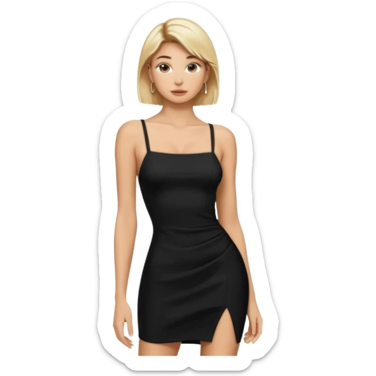 Hailey bieber cheveux court blond voir tout le corps et avec une robe longue serré noir avec des bretelles  sticker