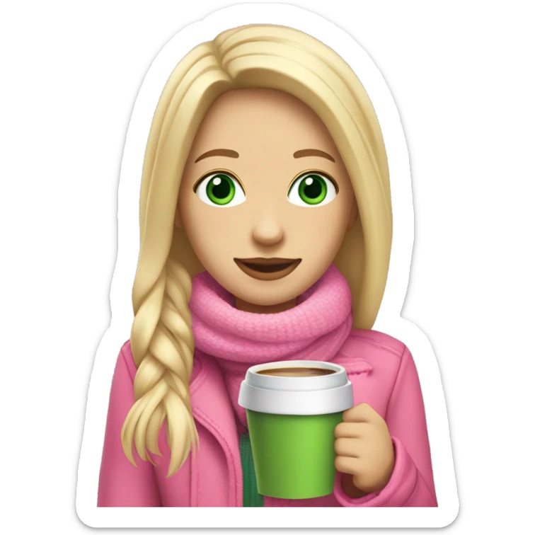 blonde girl long straight hair with green eyes a pink earmuffs pink jacket crème scarf with a hot coffee in her hand  sticker