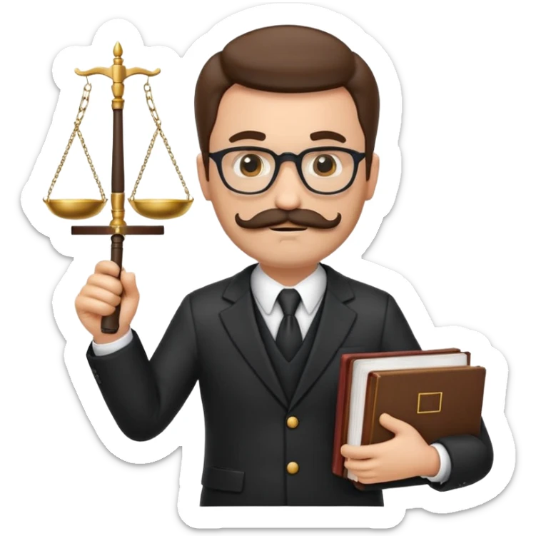 “Create a clean, modern emoji-style illustration of a male lawyer. He is wearing a formal suit jacket. He is holding a judge’s gavel in one hand and has a law book tucked under his arm. He has a mustache and beard!, and he is wearing glasses. sticker