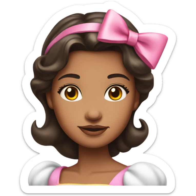 Dark hair, medium brown skin. Portrait selfie Snow White-princess pink normal dress and pink bow on head, yellow skin sticker