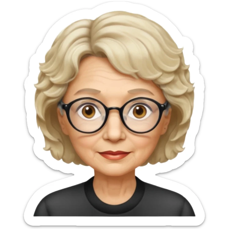 woman 70 years old, very short blonde weavy hair, brown eyes and round dark glasses sticker