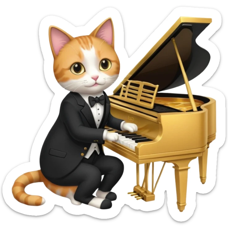 calico cat play gold piano, wear black suit, portrait sticker