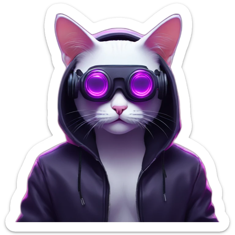 Russian cat wearing a black hoodie with "OMG" letters on it and VR headset in a cyberpunk VR environment with violet neon lighting. sticker
