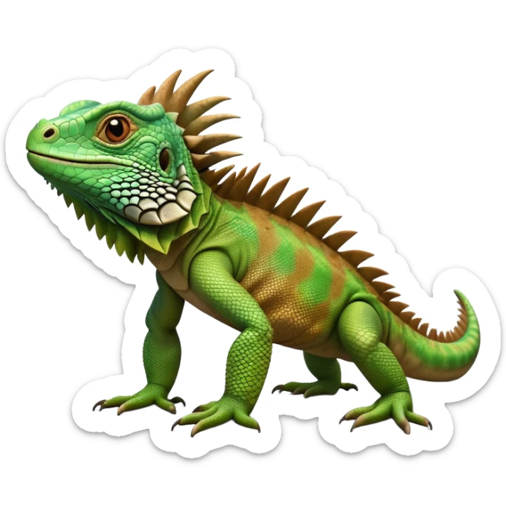 cinematic-iguana-realistic-full-body-basking-emoji,-long-scaly-body-stretched-out,-spiny-ridge-running-down-its-back,-textured-green-and-brown-skin-dappled-with-light,-sharp-intelligent-eyes-studying-the-surroundings sticker
