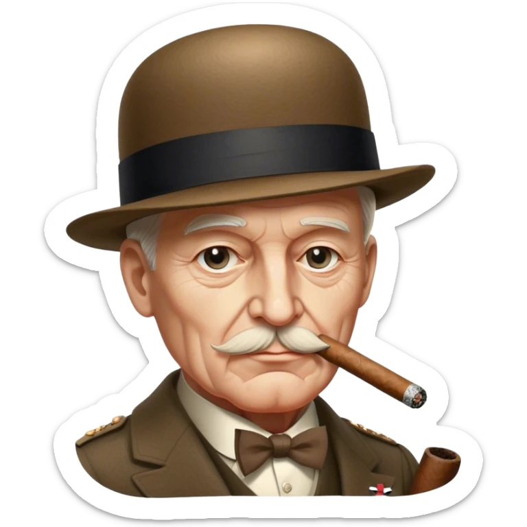 Cinematic Realistic Winston Churchill Portrait Emoji, depicted as a resolute British statesman with a signature bowler hat and a cigar, exuding determined leadership and wartime valor, rendered with lifelike textures and dramatic vintage lighting that captures his iconic British spirit. sticker