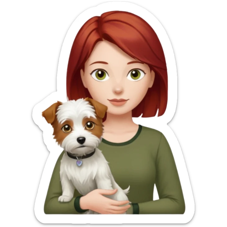 Westie dog being held by woman with dark shoulder length red hair and hazel eye wearing olive green top sticker
