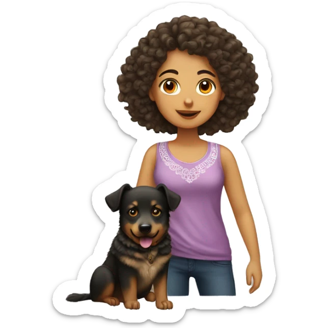 Mexican girl with curly hair and a dog who’s beside her a German Sheperd sticker
