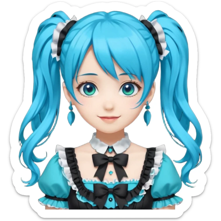 anime-style female character with bright turquoise hair styled in twin tails and matching blue eyes. Her outfit is a frilly turquoise and black dress in a Lolita-esque style, heavily contrasted with black ribbons and trim. A key detail is the"AWP" logo printed in black on the chest. happy variant sticker