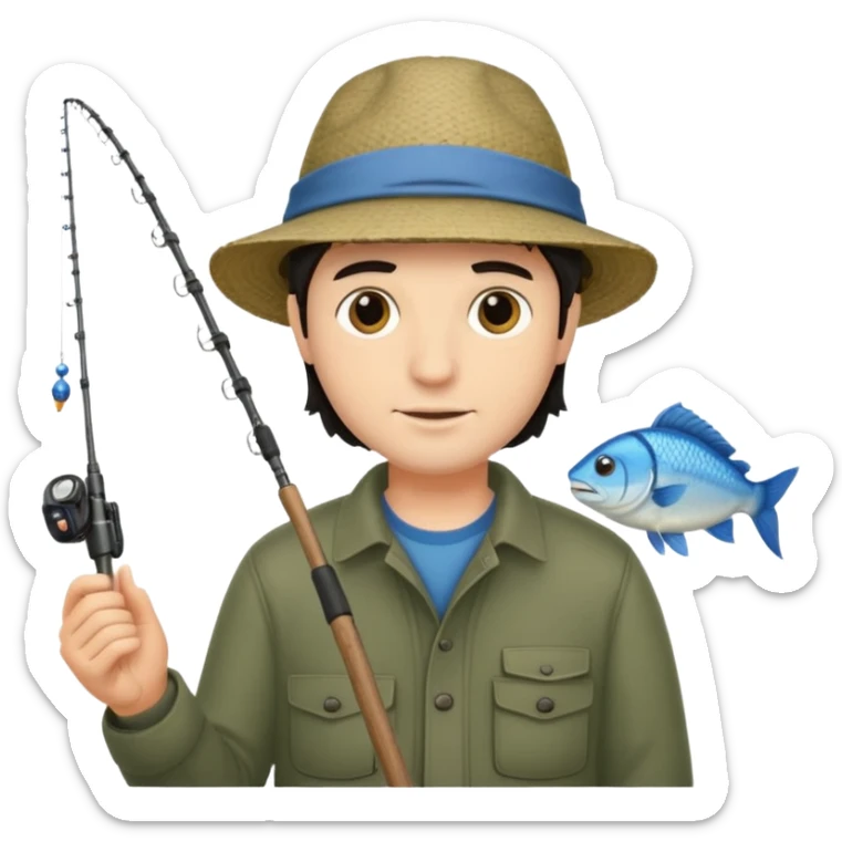 GRANJERO PIEL CLARA Y PELO OSCURO  CON CAÑA DE PESCAR Y UN PESCADO EN LA CAÑA QUE SEA HOMBRE sticker