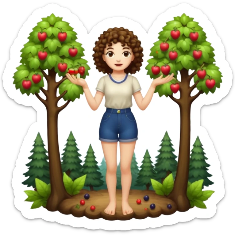 full body woman short curly brown mullet hair brown eyes white skin juggling glowing forest fruits sticker
