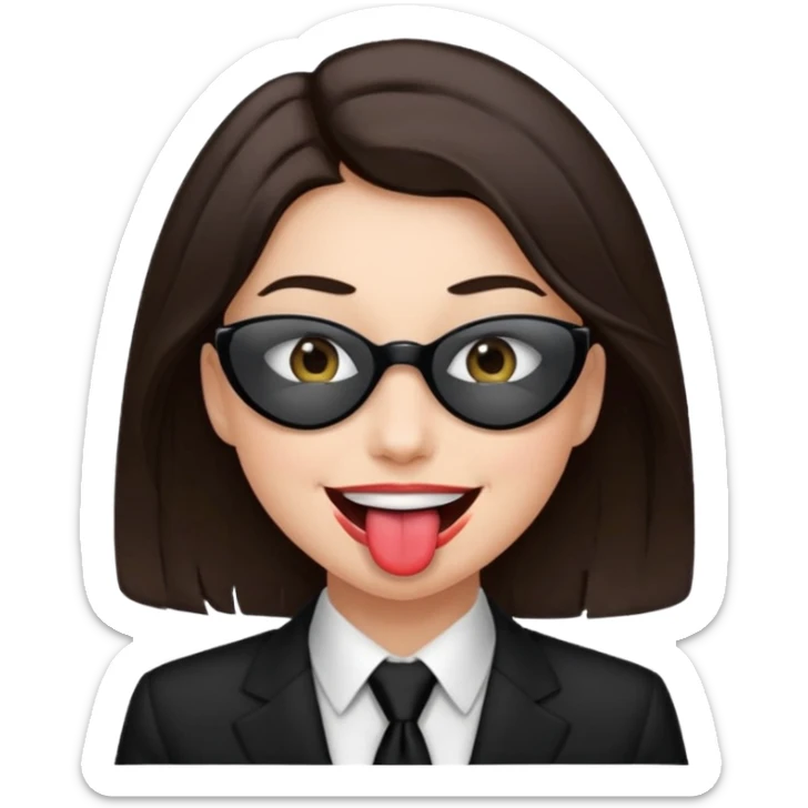 woman with dark brown hair wearing black tie over eyes with tongue out sticker