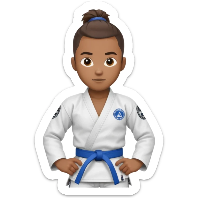 black jiu jitsu instructor with ponytail and a low taper fade sides haircut, and a small fade on the sides with a blue belt and roger Gracie academy logo on the gi sticker