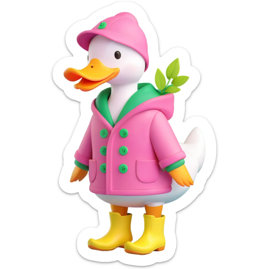 A duck wearing a pink hooded coat with green buttons and a green leaf on the chest, and yellow boots. The background is plain and light pink with pink hearts sticker