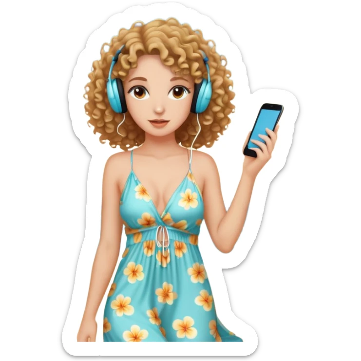 a woman with curly hair, wearing earphones, wearing a sexy beach dress sticker