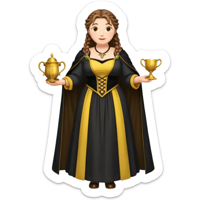 Helga Hufflepuff,brown-haired,2 braids,yellow-black medieval open dress,deep neckline,fat macromastia,black cloak decorated with gold braiding,gold cup with two handles,very kind smile,curvy busty sweet woman,round rosy cheeks,full length with medieval shoes sticker