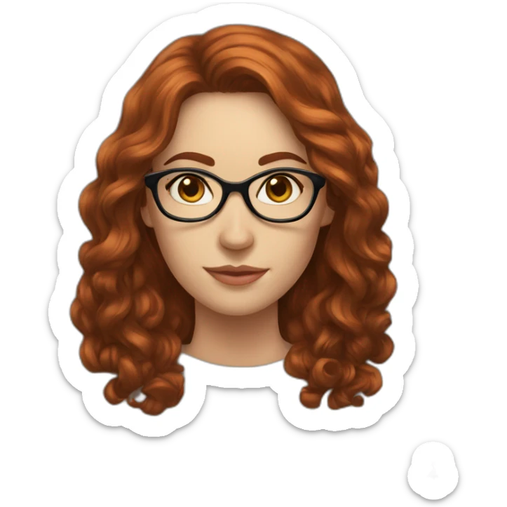 Woman; caucasian; round transparent glasses; dark redhead; long leigh hair; wave hair sticker