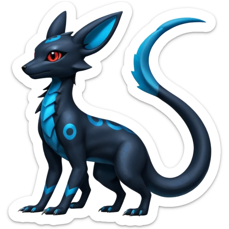 Shiny Dark Edgy Black And Blue Umbreon-Salandit-Wolf-Fakémon-hybrid-creature (full body)  sticker