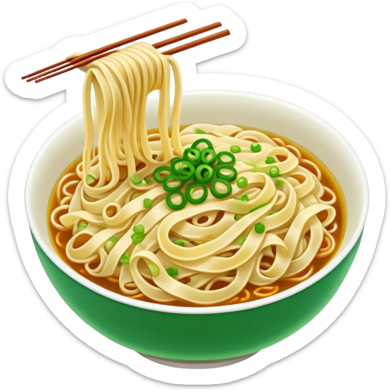 Shanghai Scallion Oil Noodles with green onion topping, simplified emoji style with bold outlines and bright colors, cartoon style simple Cong You Ban Mian sticker