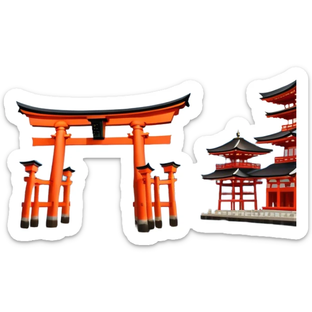 ​Cinematic Realistic Itsukushima Shrine, depicted as the iconic floating torii gate and shrine complex on the water, with vibrant vermilion hues contrasting against the serene blue sea and sky, rendered with intricate architectural details and soft, ethereal lighting that captures its spiritual beauty, sticker