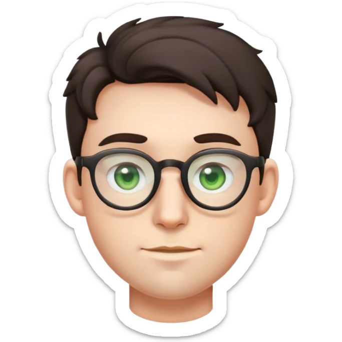 young male emoji with youthful face, poofier slightly curly dark hair, big ears, pale skin, glasses, green eyes set wider apart, very light stubble sticker