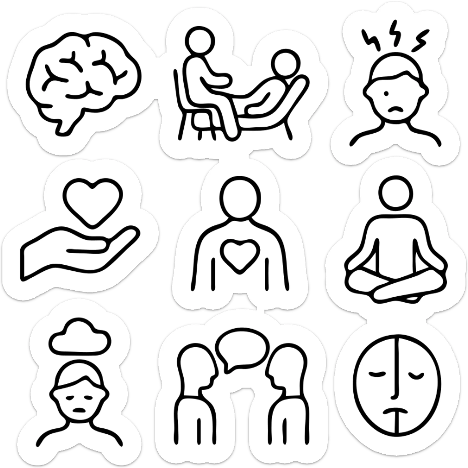 Mental Health icon set. Wellness and psychology related line icons: brain, therapy, stress, support, self-care, mindfulness, meditation, depression, counseling and emotion . Editable stroke.
 sticker
