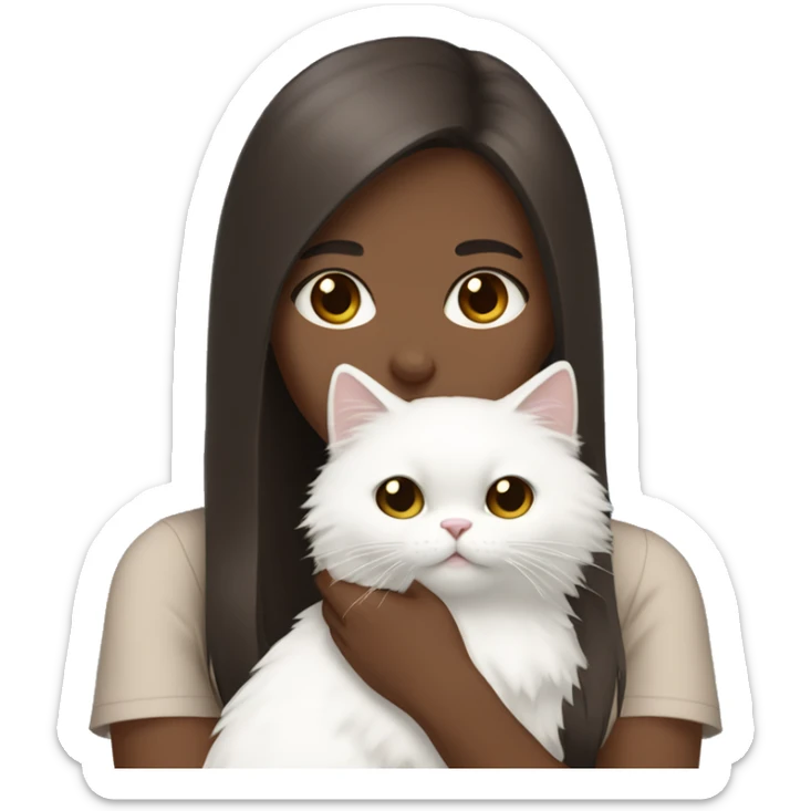 Dark brown straight hair girl with holding fluffy Siberian white cat  sticker