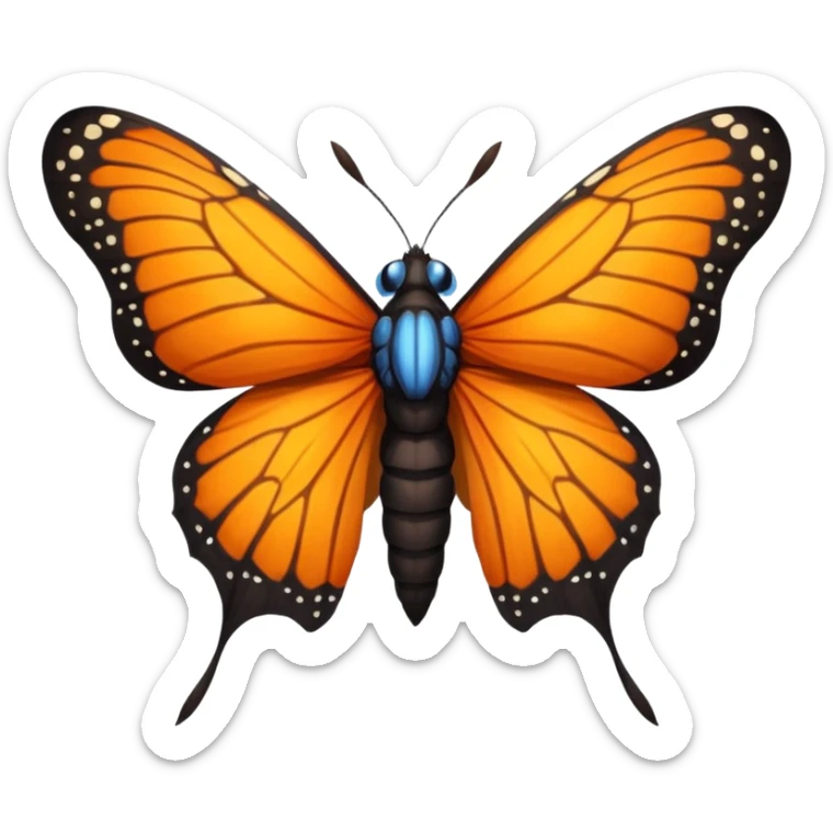 moth with blue eyes mornach butterfly wings orange and yellow with godzilla eyes on the top of the wings brown tail black Moth Insect Arms and legs sticker