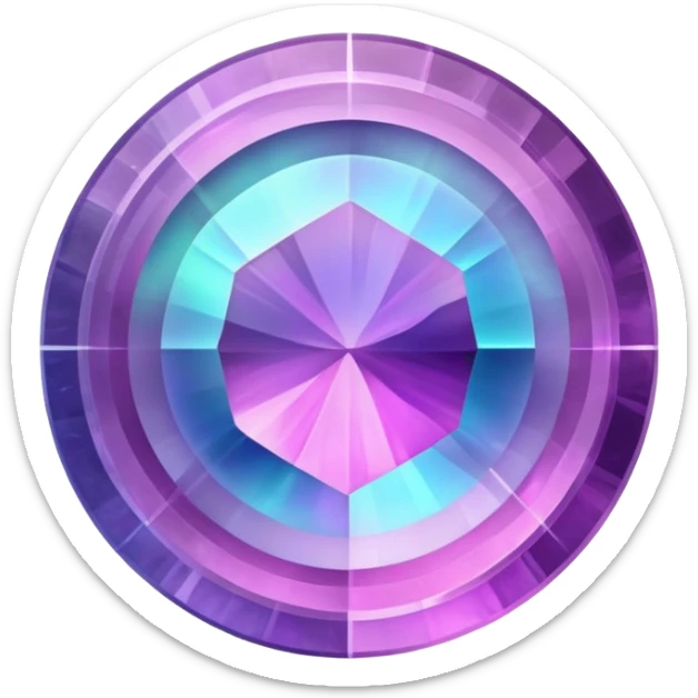 round cut fluorite gem with layered pink, purple, and blue hues and holographic shine sticker