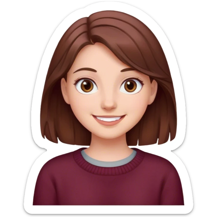 A girl with brown hair smiles, gray eyes, wearing a burgundy sweater sticker