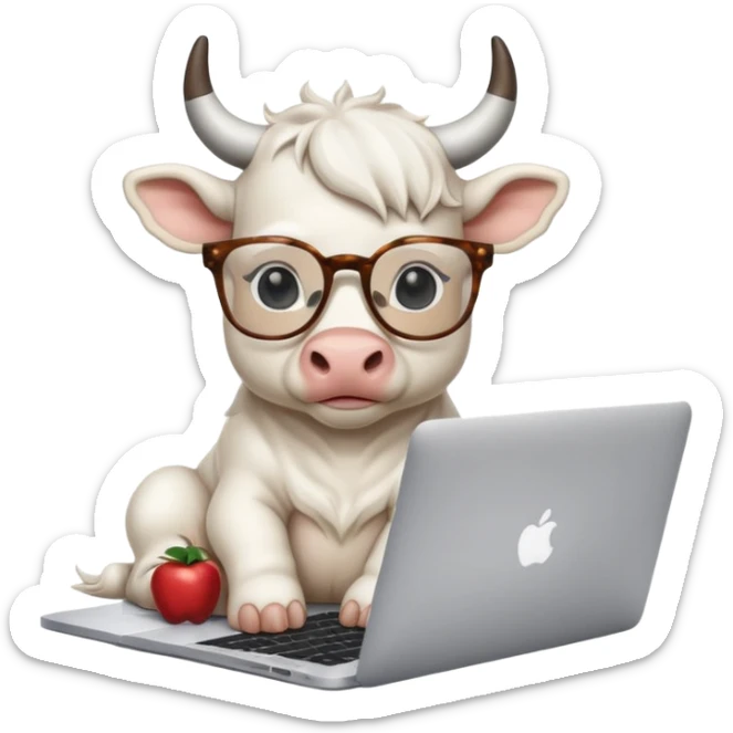 baby white bull in fancy glasses sitting in front of a macbook, working  sticker