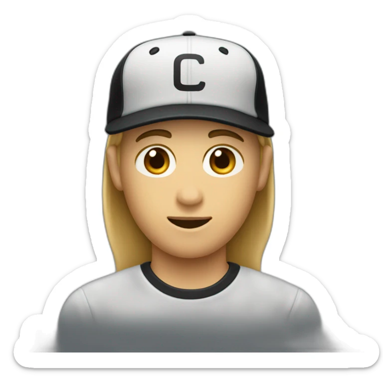 the traditional ghost emoji, but with male medium length hair and an entirely black baseball cap sticker