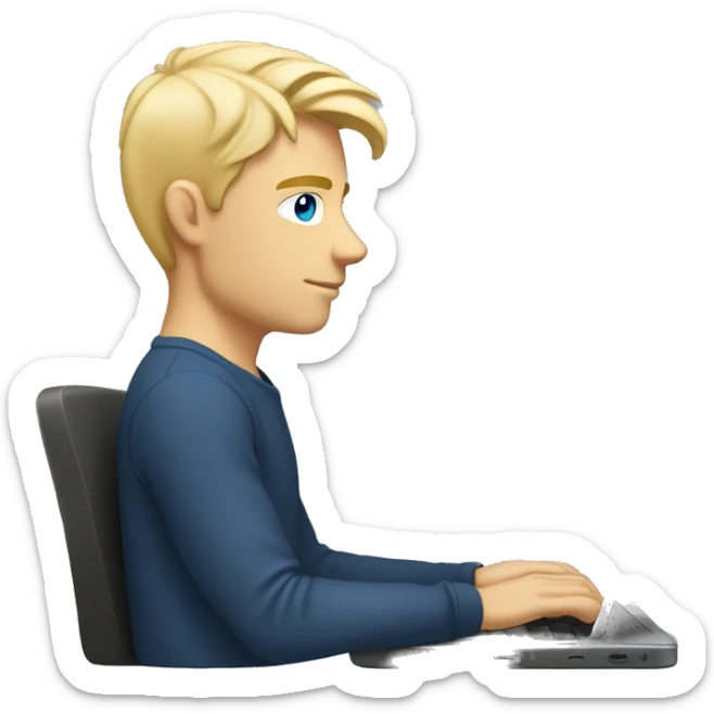 male 24, blonde hair, blue eyes, working on a laptop, side view, mulet hairstyle sticker