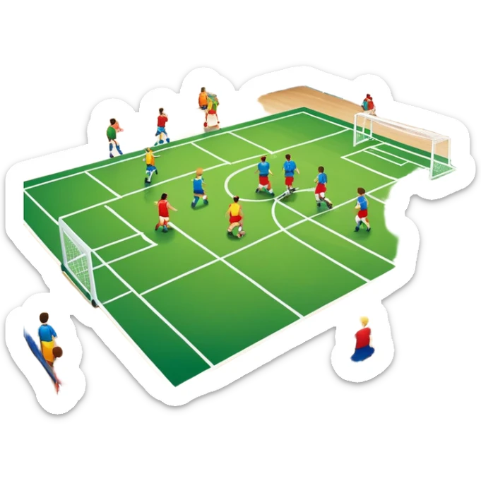 A mini-football match in an indoor sports hall with wooden flooring and clear field markings. The scene shows a vibrant game in action, with players positioned on the court, the goalposts visible, and the atmosphere filled with energy and focus. sticker