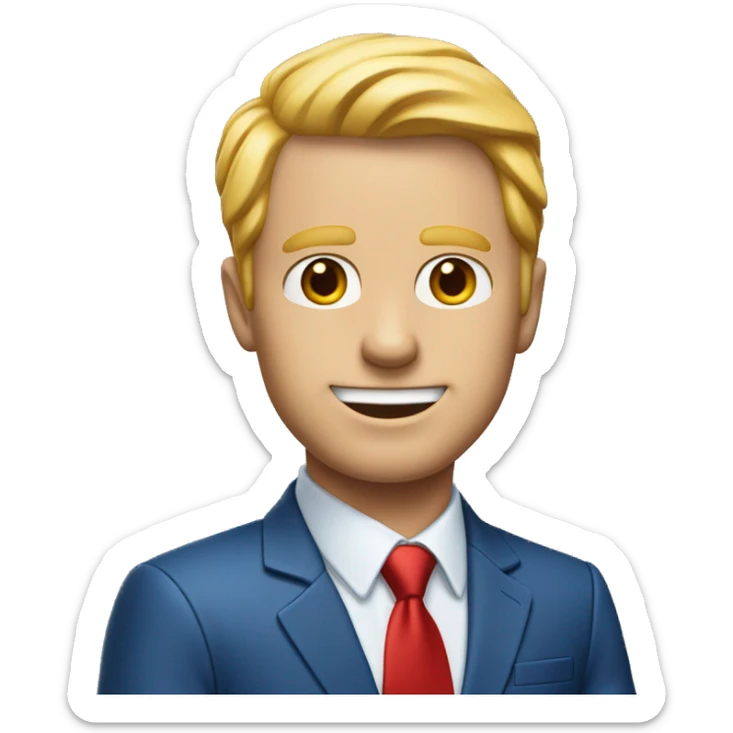 White guy with blond hair and orangish skin wearing a blue suit and red tie. One of his ears has ketchup on it sticker