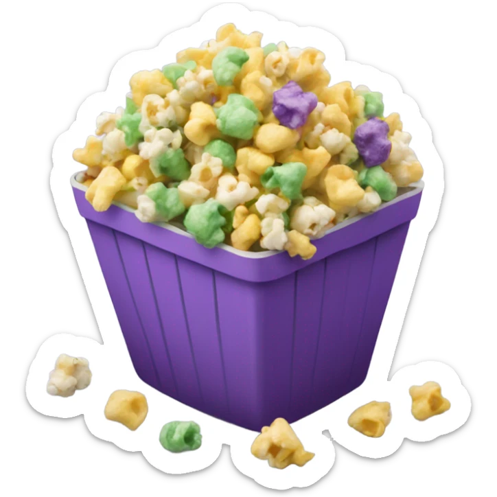 Realistic pieces of purple yellow and green popcorn pieces mixed together in a popcorn container.  sticker