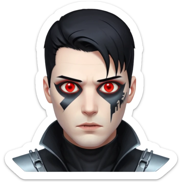 Cyberpunk man, slicked hair, silver metal jaw prosthetic, glowing red eyes, cold expression, clinical lighting sticker