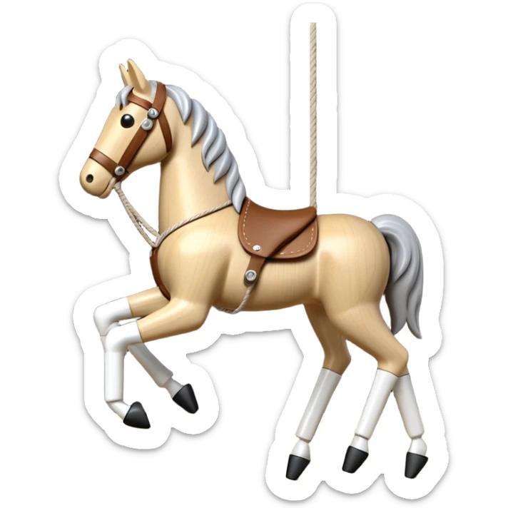 3D render of Horse Puppet as a wooden marionette puppet, Wooden toy horse on strings, silver metal screw joints at elbows and knees, polished brown wood texture, rigid toy pose, emoji style, isolated on white background --v 6.0. sticker