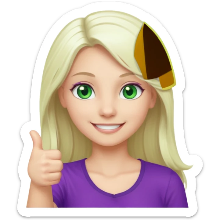 Long platinum blonde hair girl with green eyes in purple top with thumbs up  sticker