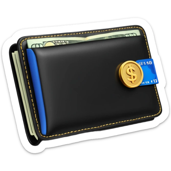 Rich emoji style black leather wallet with dollar bills, luxury money vibe, premium 3D emoji, ultra clean, high detail, no background
 sticker