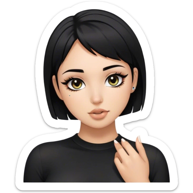Latina girl, black short hair to the boobs, long eyelashes, perfect clean girl makeup, medium boobs, in a tight black shirt, with a nose piercing  sticker