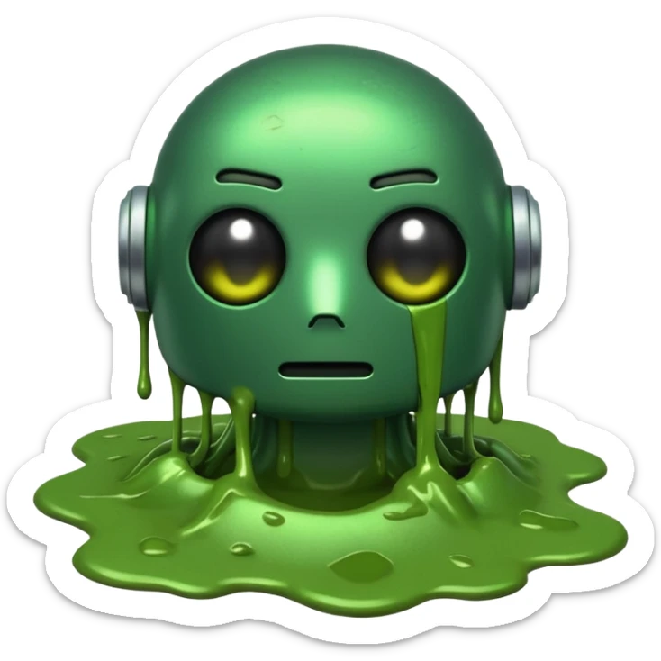 An emoji of a green robot melting away covered in thick green sludge sad and depressed  sticker
