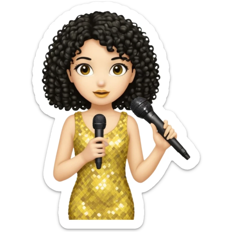 girl in yellow blink dress, black curly hair, holding a mic



















 sticker