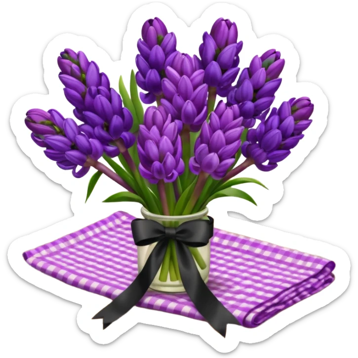 A lush bouquet of bright prple color Hyacinths black satin ribbon, resting on an antique wooden table, with a pale yellow and pink plaid pattern table cloth sticker