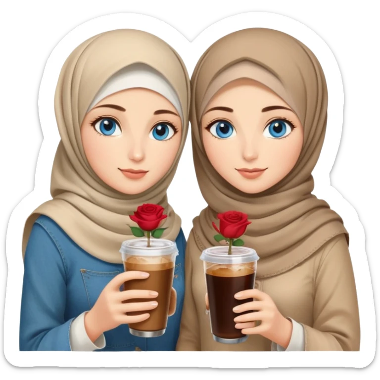 Turkish beautiful finish Konya two girls blue eyes with beige denim hijab islamic dress and had on her hand Rose Cold brew coffee   sticker